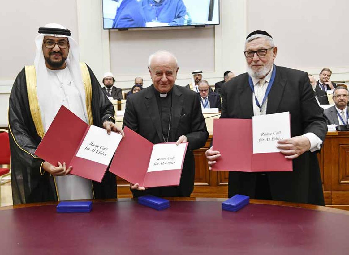Religious leaders holding the Rome Call for AI Ethics
